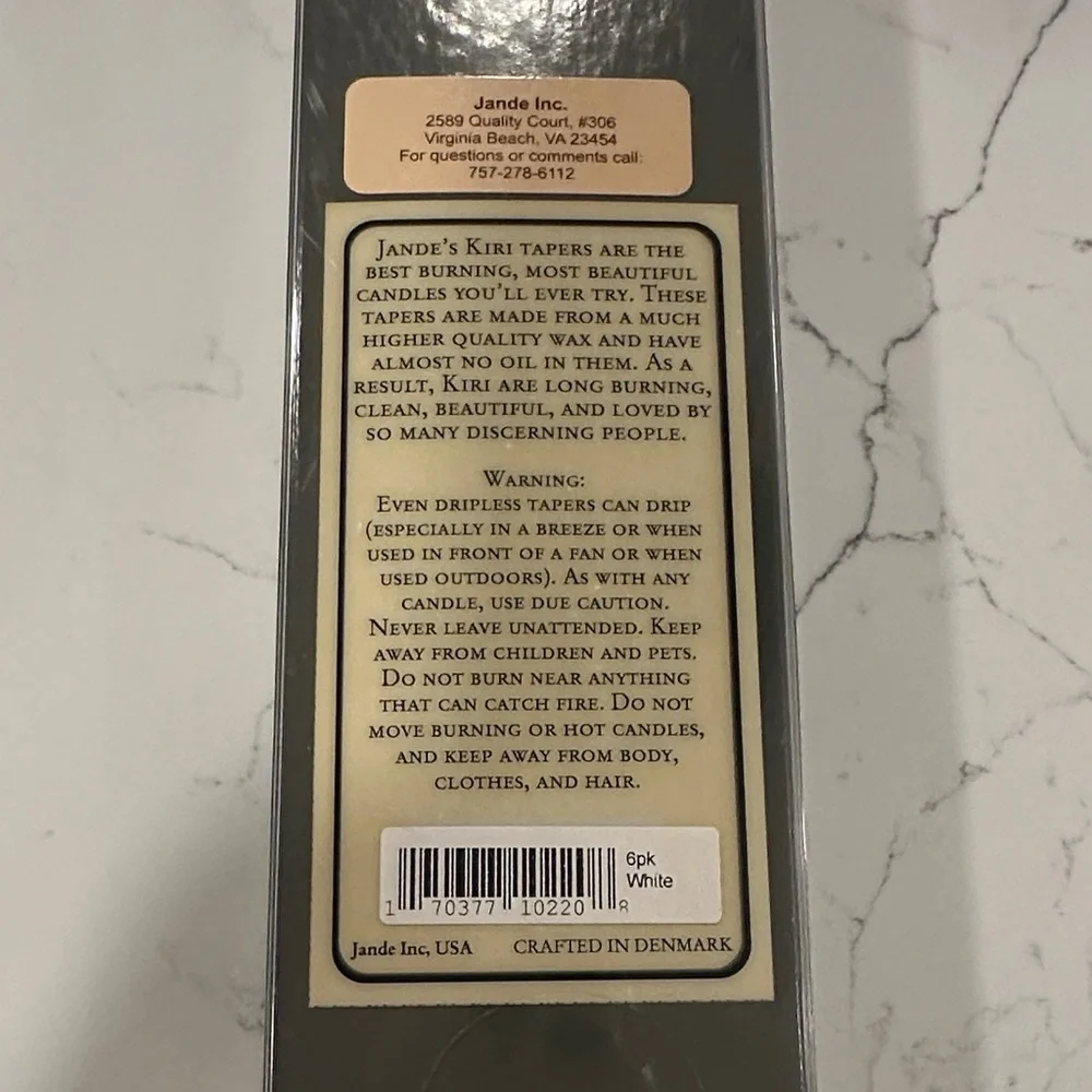 NWT Kiri White Taper Candles Box of 6